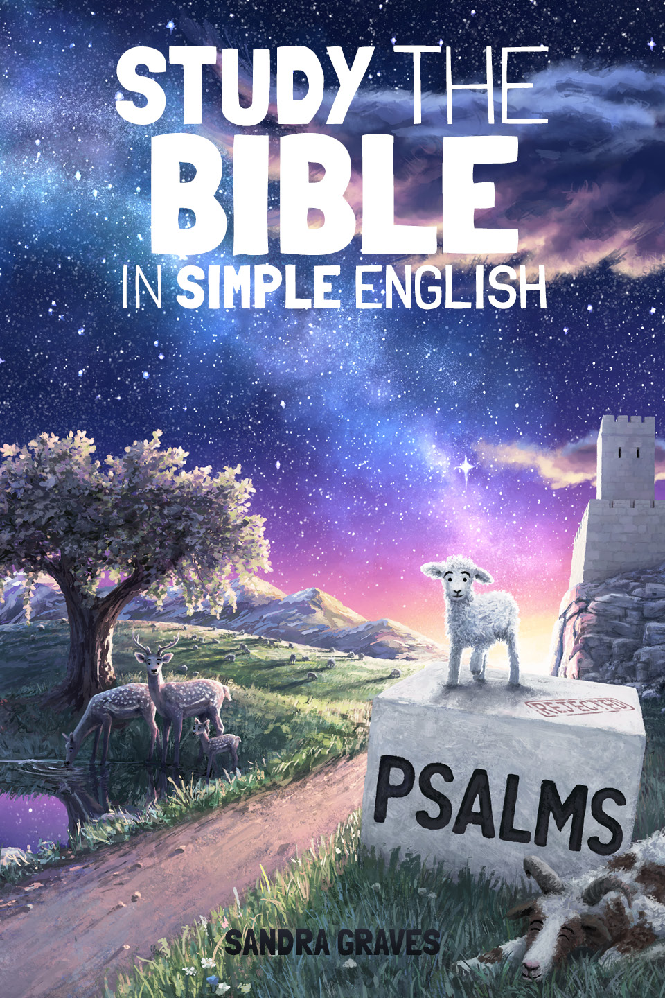 The front cover of Psalms: A spotless lamb standing on top of a large stone block with a sheep sleeping in nearby grass